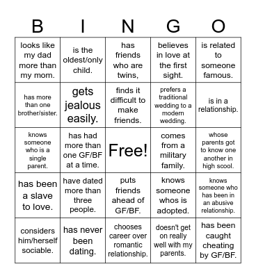 Relationship Bingo Card