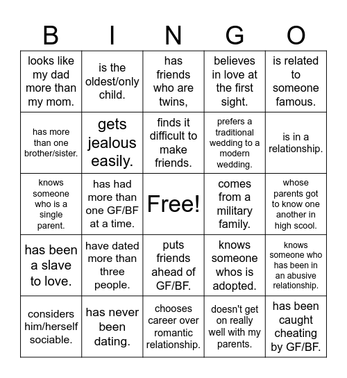 Relationship Bingo Card