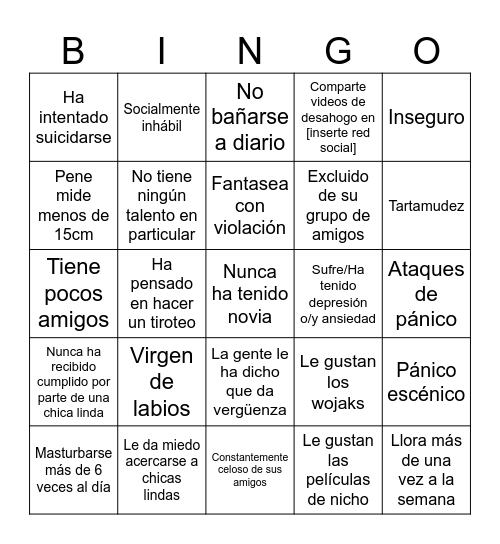 Loser Bingo Card