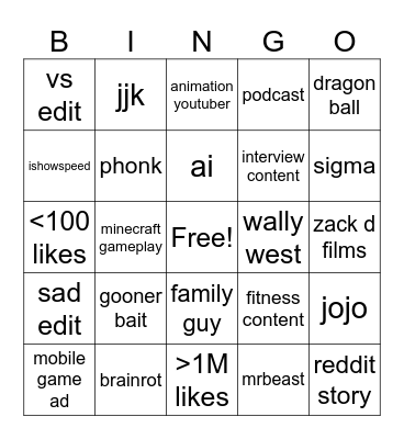 YouTube Shorts Bingo Card