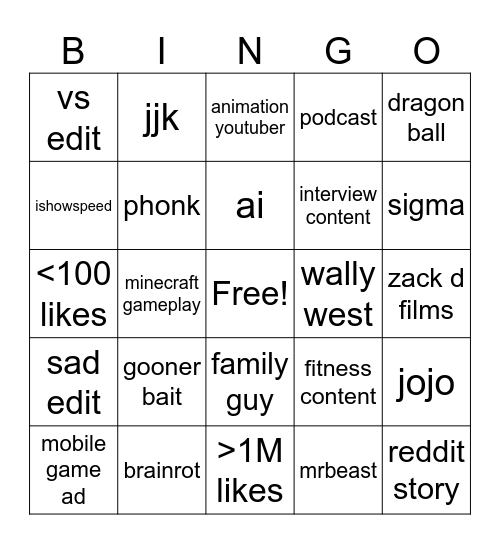 YouTube Shorts Bingo Card