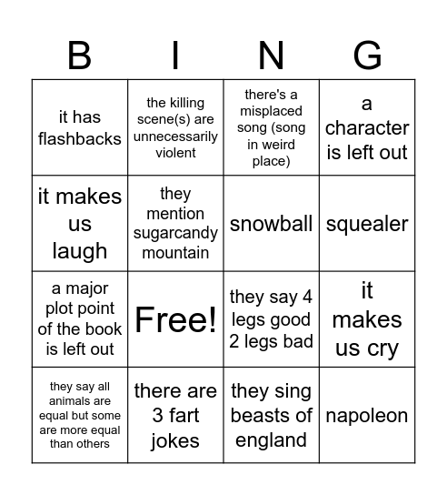 animal farm Bingo Card