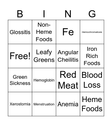 Iron Deficiency Bingo Card