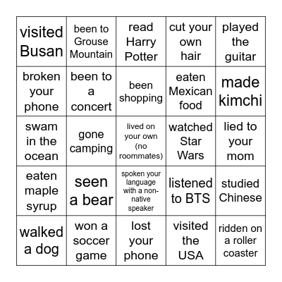 Past Experience Bingo Card