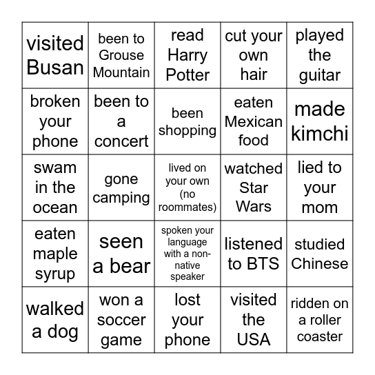 Past Experience Bingo Card