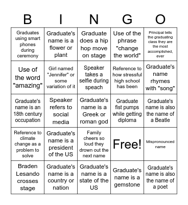 Graduation Bingo Card