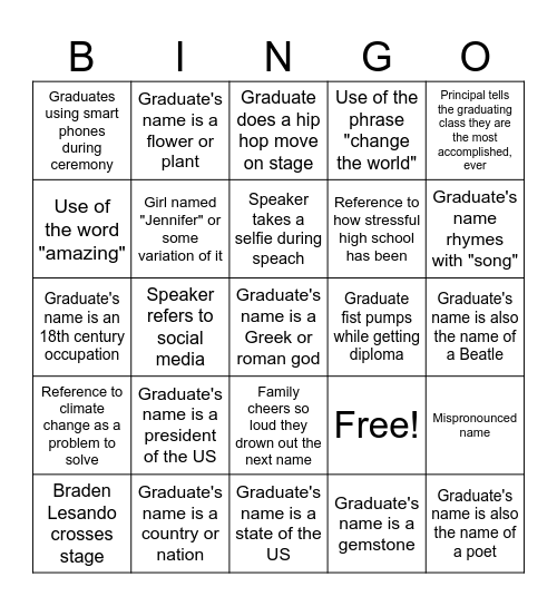 Graduation Bingo Card