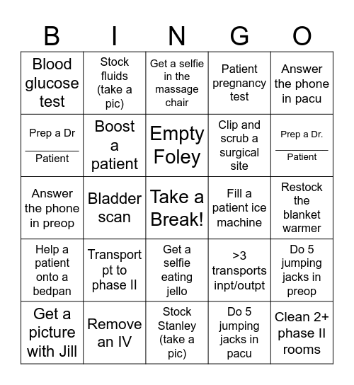 Pre/Post PCA Bingo Card