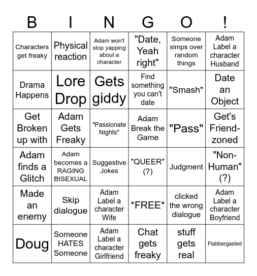 AdamJPG "Date Anything Game" Bingo Sheet Bingo Card
