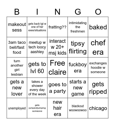 Claire's Crazy College Single Era Bingo Card