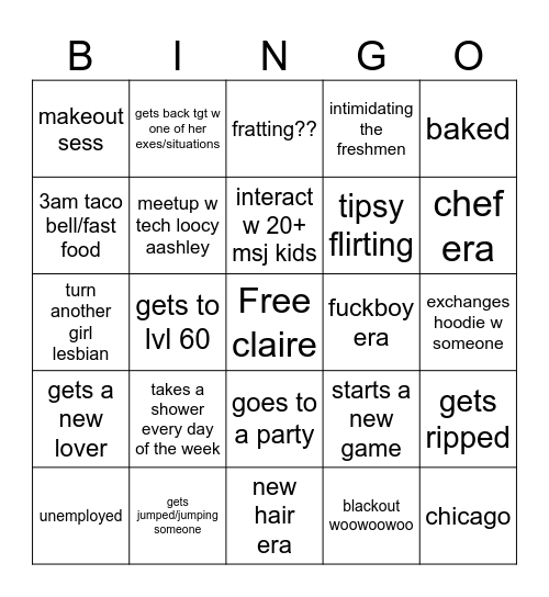 Claire's Crazy College Single Era Bingo Card