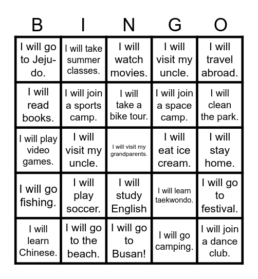 This summer I will... Bingo Card