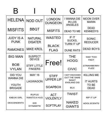 SF PUNK BINGO ROUND 3 Bingo Card