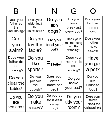 Chores -conversation Bingo Card