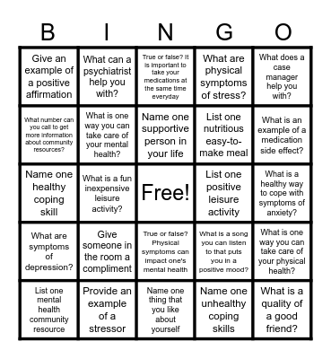 Mental Health Recovery Bingo Card