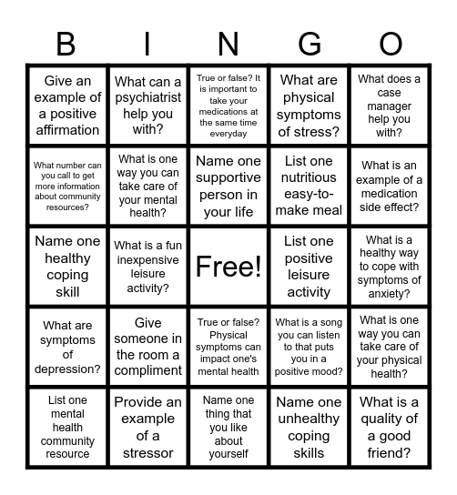 Mental Health Recovery Bingo Card