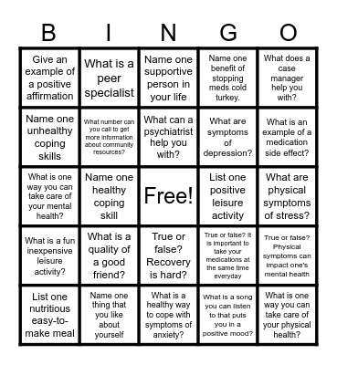 Mental Health Recovery Bingo Card