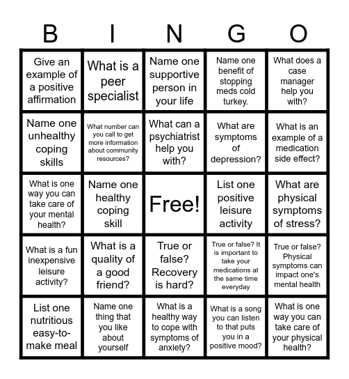 Mental Health Recovery Bingo Card