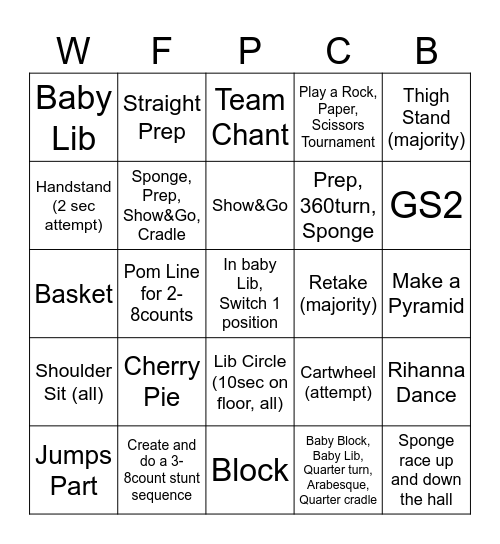 Warriors Final Practice Cheer Bingo Card
