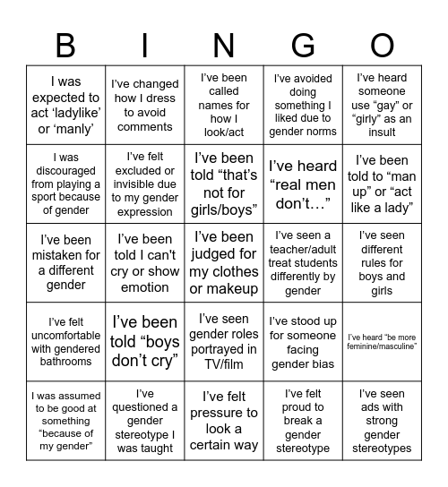 Gender stereotype bingo Card