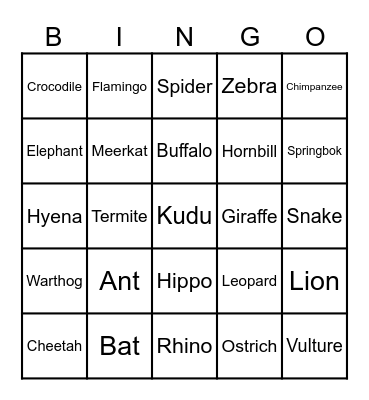 Wild African Animals Bingo Card
