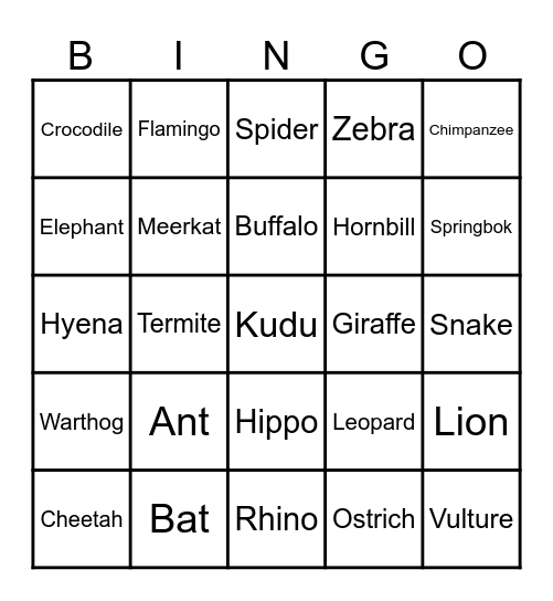 Wild African Animals Bingo Card