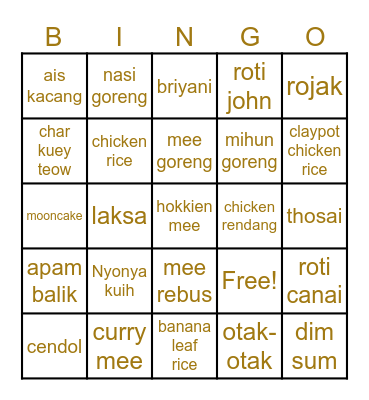 Traditional Food Bingo Card