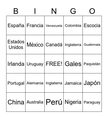 Countries Bingo Card
