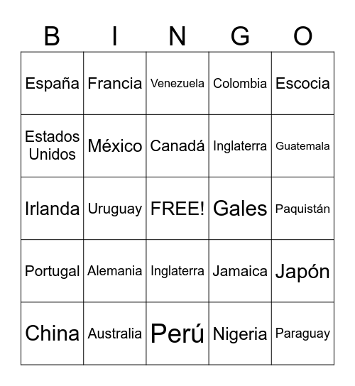 Countries Bingo Card
