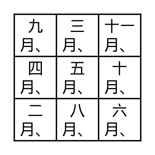 Birthday Months Bingo Card