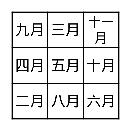 Birthday Months Bingo Card