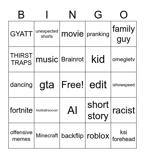 YOUTBE SHORTS BINGO Card