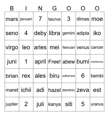 Reya's Bingo Card