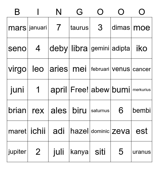 Reya's Bingo Card