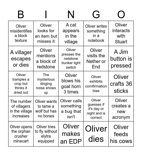 About Oliver Minecraft Stream Bingo Card