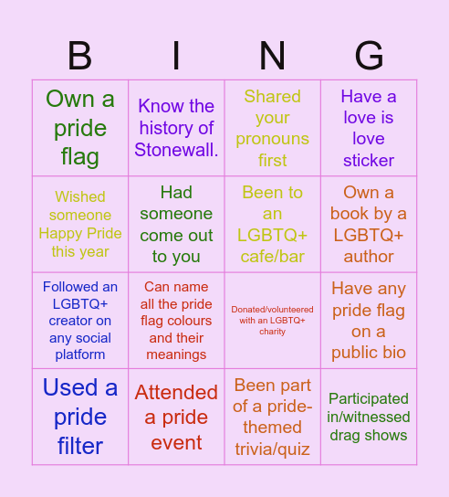 Pride Bingo! Bingo Card
