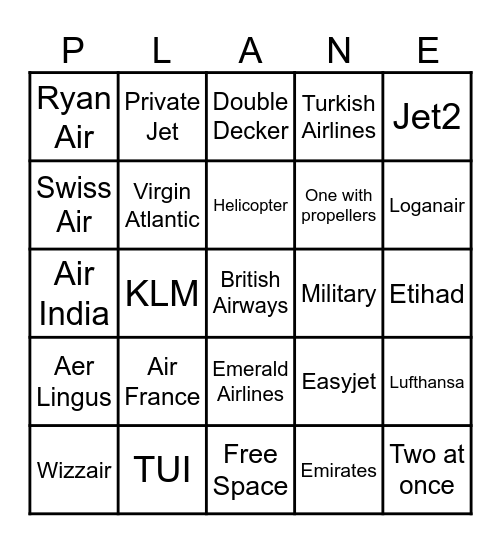 Plane Spotting Bingo Card