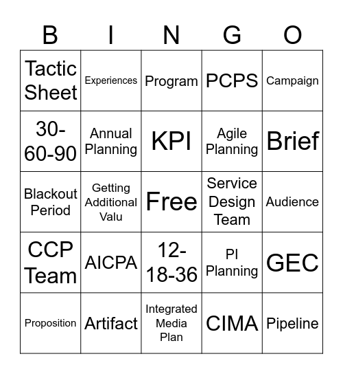 Exerience Team Bingo Card