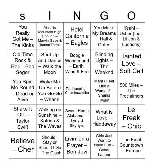 Used to Be's Bingo Card