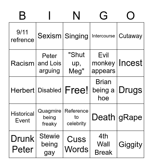 Family Guy Bingo Card