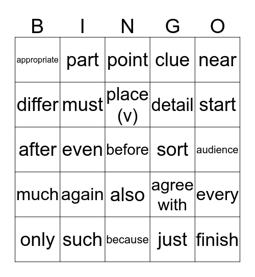 Academic Vocabulary Word List #1 (K) Bingo Card