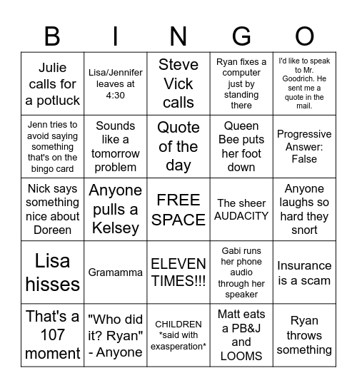 GWI OFFICE BINGO Card