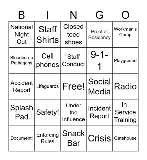 East Windsor Parks & Recreation Bingo Card