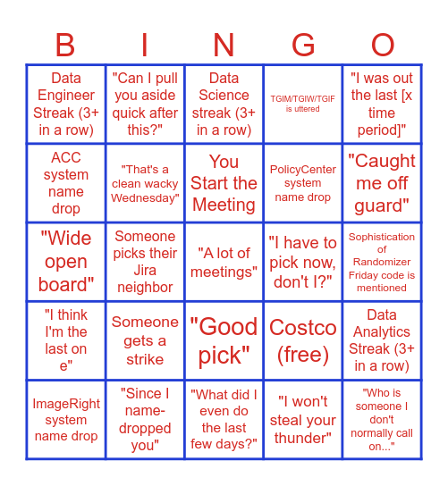 Wacky Wednesday Bingo Card