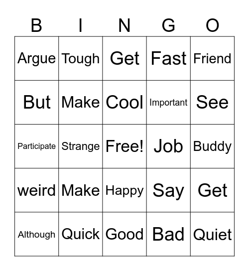 Synonim Bingo Game Bingo Card