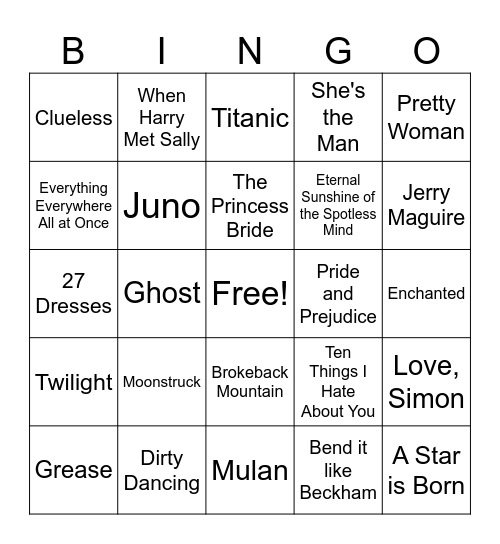 Romance Movie Quotes Bingo Card