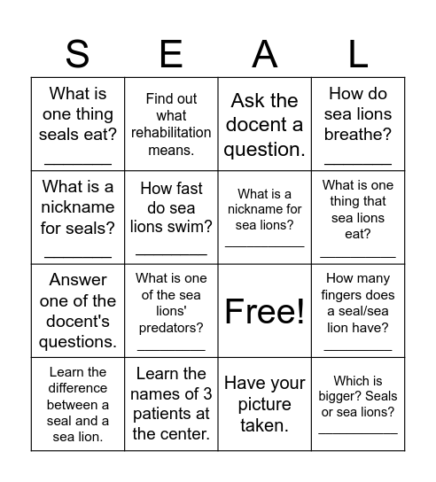 Marine Mammal Center Bingo Card
