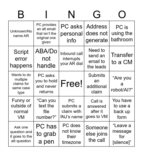 Caller Bingo Card
