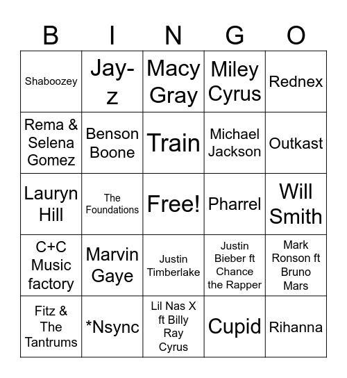 Artist Bingo Card