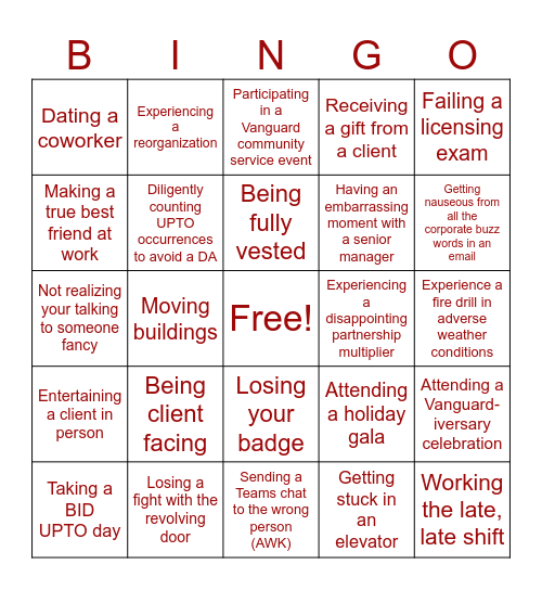 Vanguard Rights of Passage Bingo Card